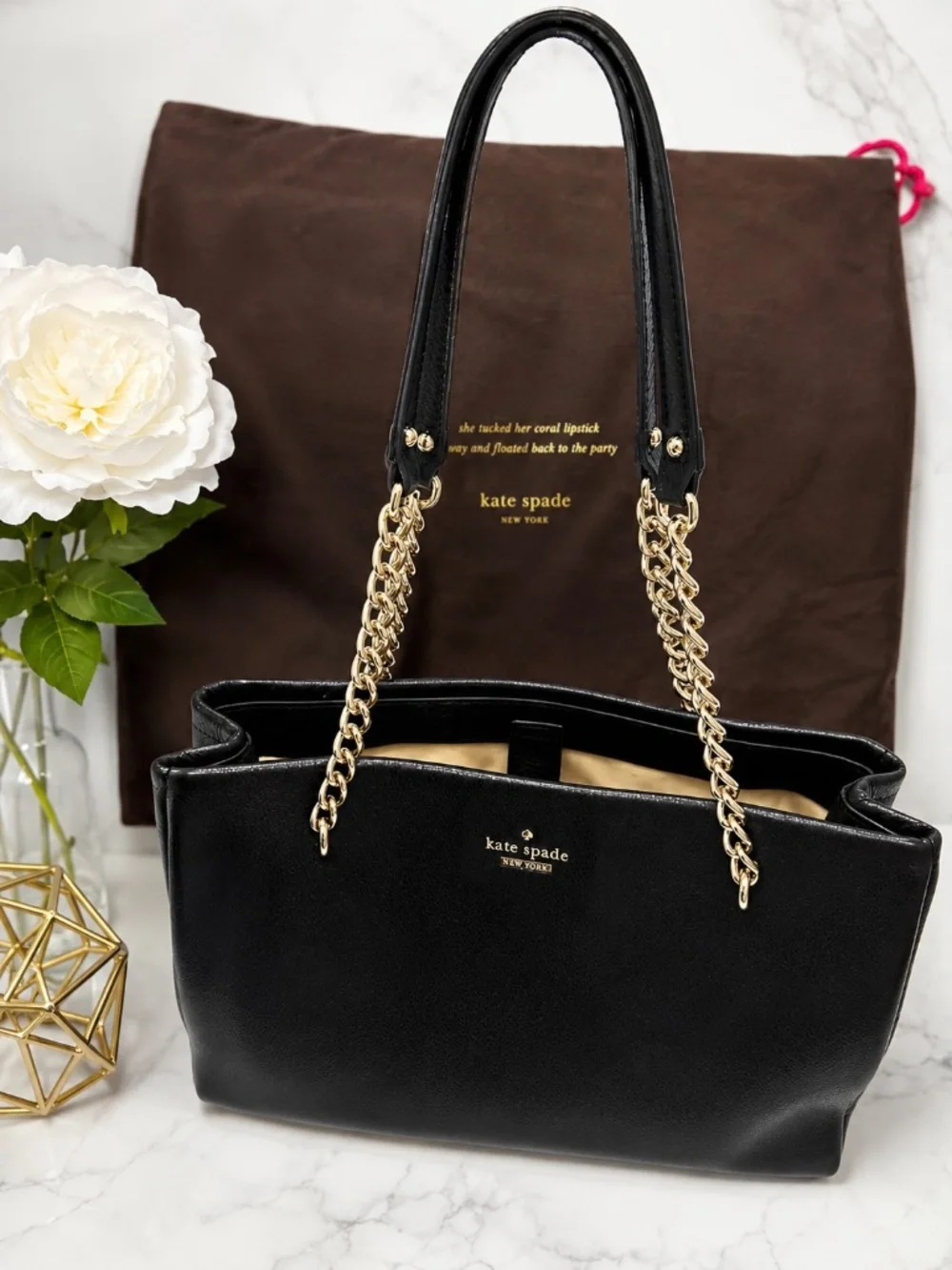 Kate Spade New York Black Pebbled Leather Tote w/ Gold Chain Handles & Dust Bag